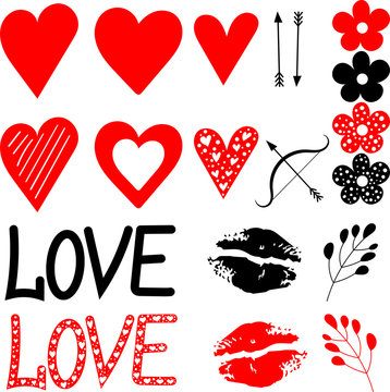 Fototapeta Set of vector images of hearts, flowers and inscriptions "love" for attribution of designs.