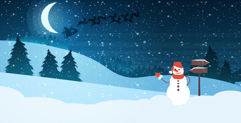 snowman in hat and scarf waving hand in night pine forest santa flying in sleigh with reindeers in bright starry sky happy new year merry christmas greeting card horizontal vector illustration
