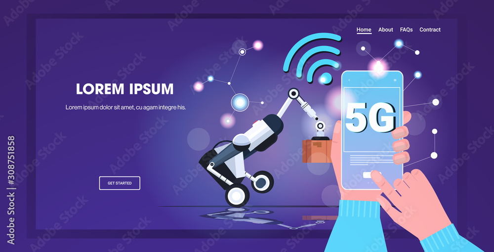 Poster human hand using mobile app controlling robotic loader 5g online wireless system connection fifth in