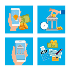 bundle of hands with finance set icons vector illustration design