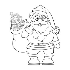 Merry Santa Claus character in cartoon style with a bag of gifts boxes and sock with sweets. Christmas card for a Happy New Year. Hand drawn. Vector illustration isolated on white background. Coloring