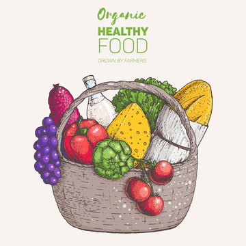 Colorful food basket illustration. Farmers products. Farm market label.  Organic healthy food logo. Hand drawn design for packaging. Colorful image.  Stock Vector | Adobe Stock
