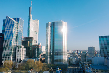 Fototapeta premium Frankfurt am Main aerial view with drone. Sunset in Frankfurt am Main. 10.12.2019 Frankfurt am Main Germany.