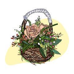Bouquet of flowers in a straw basket, vector image.