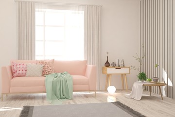 Stylish room in white color with sofa. Scandinavian interior design. 3D illustration