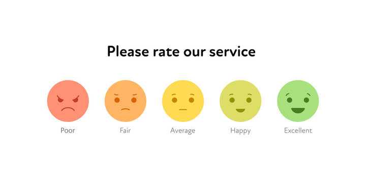 Customer feedback survey template. Vector color flat illustration. Green, yellow and red smile emoticons from poor to excellent mood on white. Design element for business client customer review.