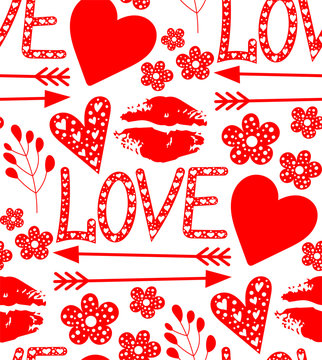 Fototapeta Vector graphic with the image of hearts, flowers and inscriptions "love". Seamless pattern for printing on fabric, paper and wallpaper.