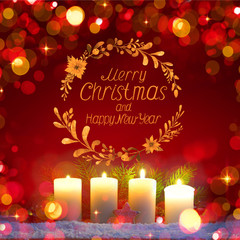 Four burning Advent candles and decoration. . Christmas background.