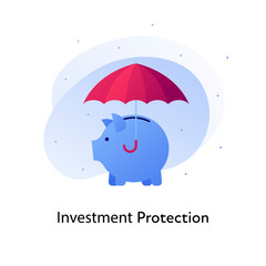 Vector flat insurance color illustration. Bank, investment business protection concept. Piggy bank in under umbrella isolated on white background. Design element for banner, poster, web, ui, print