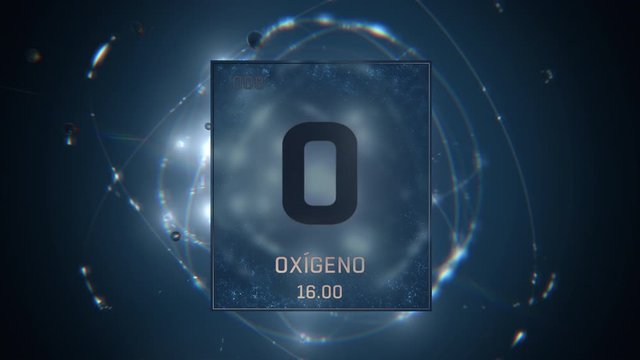 Oxygen as Element 8 of the Periodic Table. Seamlessly looping 3D animation on blue illuminated atom design background with orbiting electrons. Name, atomic weight, element number in Spanish language