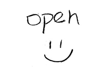 Handwriting Come in we're Open sign