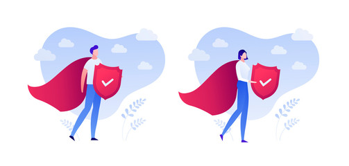 Insurance business. Super protection policy concept. Vector flat person illustration. Male and female superhero in red hero coat with shield on white background. Design element for banner, poster, web
