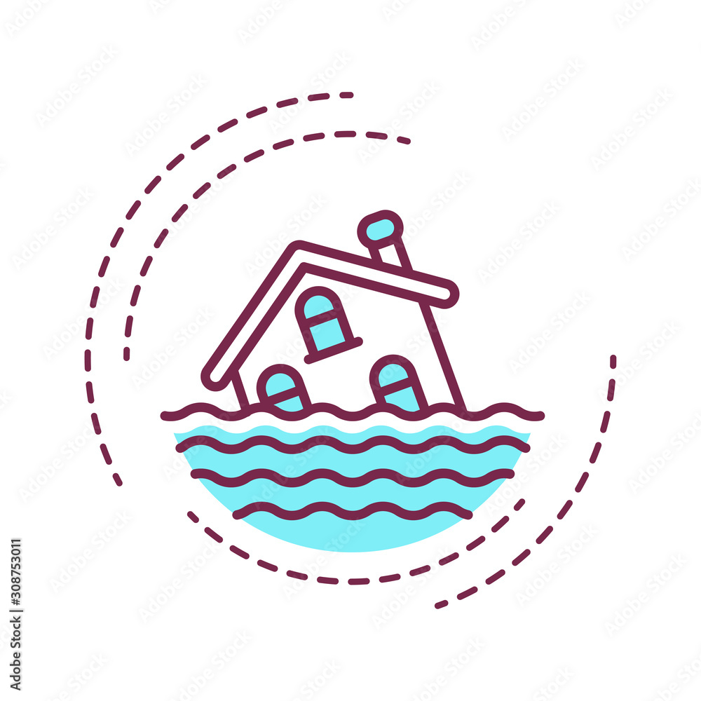 Poster flood color line icon. an overflow of water that submerges land that is usually dry. pictogram for w