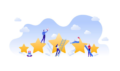 Fototapeta premium Customer feedback survey flat business vector illustration. Best quality service concept. Team of five people with star, ladder, loudspeaker and laptop sign. Design element for banner, background.