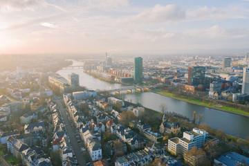  Frankfurt am Main aerial view with drone. Sunset in Frankfurt am Main. 10.12.2019 Frankfurt am Main Germany.