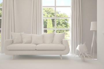 Mock up of stylish room in white color with sofa and green landscape in window. Scandinavian interior design. 3D illustration