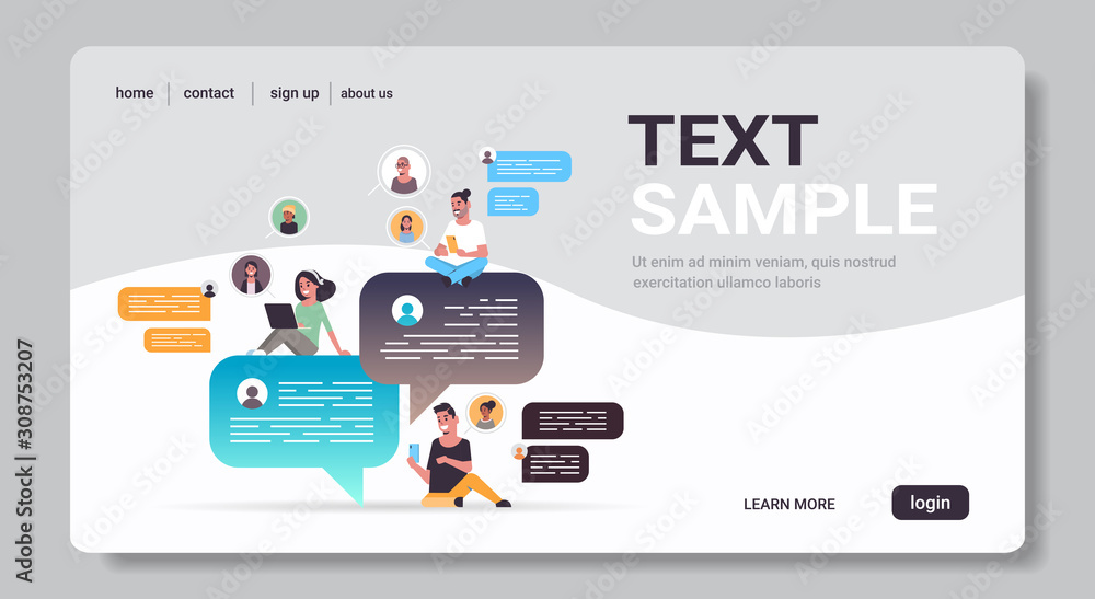 Poster mix race people using chatting app on digital devices social network chat bubble communication conce
