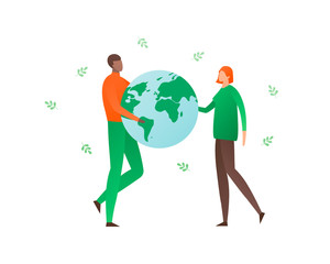 Ecology protection concept. Vector flat person illustration. Female and black male people holding planet earth and green leafs isolated on white. Design element for banner, poster, ui, background, web