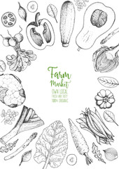 Vegetables top view frame. Farmers market menu design template. Organic vegetables food poster. Vintage hand drawn sketch vector illustration. Line art graphic. Engraved style.