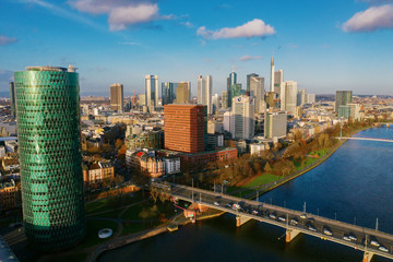 Fototapeta premium Frankfurt am Main aerial view with drone. Sunset in Frankfurt am Main. 10.12.2019 Frankfurt am Main Germany.