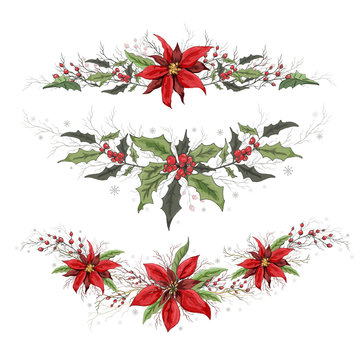 vector floral banner, winter decoration element. poinsettia and Holly decor isolated on white background. realistic doodling drawn by hand. for postcards, decor, brushes, Wallpaper.