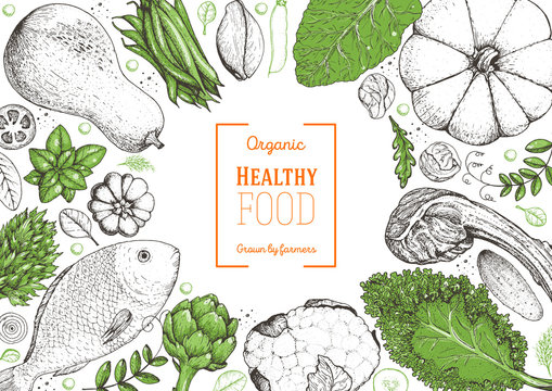 Healthy food frame vector illustration. Vegetables, meat and fish hand drawn. Organic products set. Farm market food collection