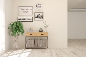 Empty room in white color with modern  shelf and home plant. Scandinavian interior design. 3D illustration