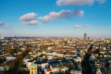  Frankfurt am Main aerial view with drone. Sunset in Frankfurt am Main. 10.12.2019 Frankfurt am Main Germany.