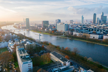 Fototapeta na wymiar Frankfurt am Main aerial view with drone. Sunset in Frankfurt am Main. 10.12.2019 Frankfurt am Main Germany.