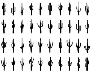Black silhouettes of different cactus on a white background - 308754620