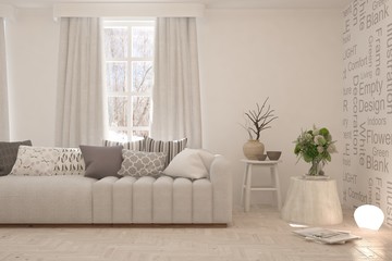 Stylish room in white color with sofa and winter landscape in window. Scandinavian interior design. 3D illustration