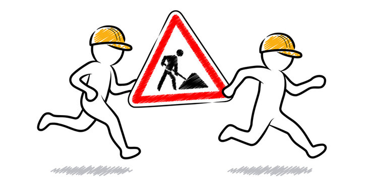 Two construction workers carrying a red construction site sign / contour vector drawing