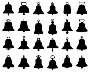 Black silhouette of different bells on white background - obrazy, fototapety, plakaty