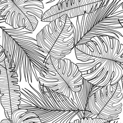 Monstera line leaves seamless pattern on white background.