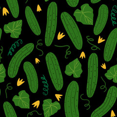 Cucumber seamless pattern on black background. Vegetable wallpaper.