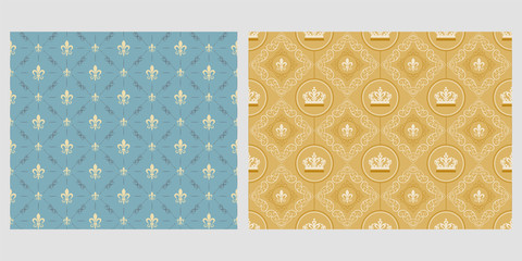 Seamless patterns. Two background wallpaper in vintage style. Seamless vector backgrounds. Set of patterns. Colors in the image: gold, white, blue. Exquisite graphic design. Vector image.