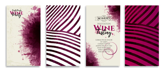 Templates with of wine backgrounds. Red wine stains texture. Vineyard rows concept.