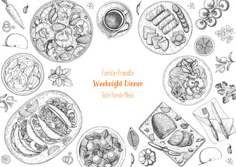 Family dinner top view, vector illustration. Friendly dinner table. Food design template. Engraved style background. Hand drawn sketch, design template.
