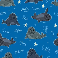 Tuinposter cute ringed seals, nerpas, cartoon drawing adorable animals on blue background with handwritten elements seamless pattern,  editable vector illustration kids decoration, fabric, textile, paper © YaniCorn