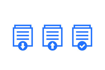 documents download, upload icons on white, vector