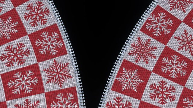 Closing and opening zipper in a Christmas sweater with stars. Animation with alpha channel included.