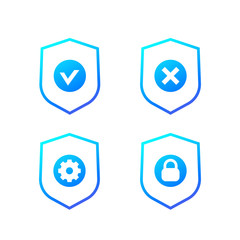 Shield with check mark, cross, gear and lock, vector icons