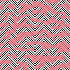Black and White Chevron Seamless Pattern with Pink Stains Vector Abstract Zigzag Background