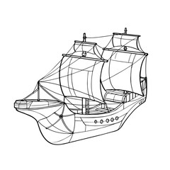 Ship with sail sketch isolated on white background. Black and white hand draw sailboat with sailing vessel. Vector illustration