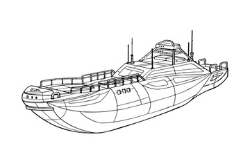 3d model of realistic warship. Sketch of detailed naval vessel Isolated on white background. Water war transport. Marine ship design. Single object. Contour stock  illustration