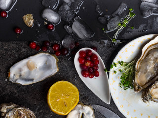 Oysters heart shape in plate with lemon, cranberries, microgreens, knife, shells on marble.