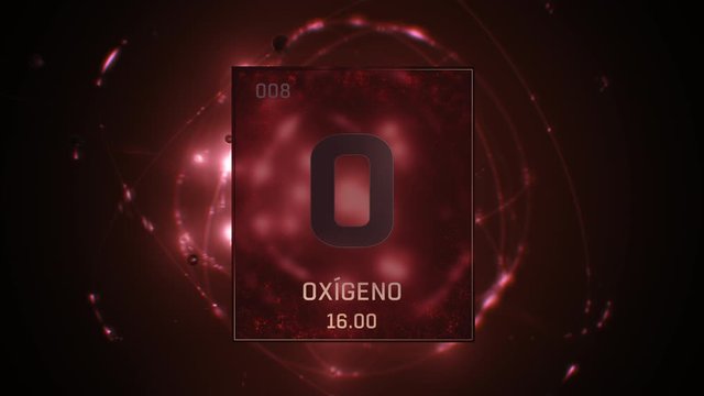 Oxygen as Element 8 of the Periodic Table. Seamlessly looping 3D animation on red illuminated atom design background with orbiting electrons. Name, atomic weight, element number in Spanish language