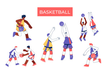 Men playing basketball collection. Girls train to dribble, throw and block shot. 