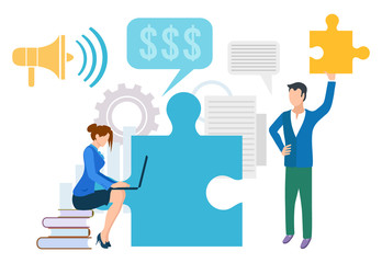 People working on projects vector, man and woman. Businessman holding piece of jigsaw puzzle, lady with laptop coding and programming sitting on books