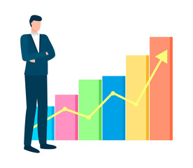 Infochart with raising arrowhead vector, male looking at result of business project, analysis and stats in visual representation, chef head of company